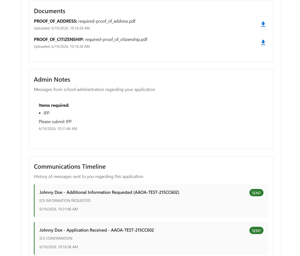 Parent portal view showing uploaded documents, admin notes, and communications timeline
