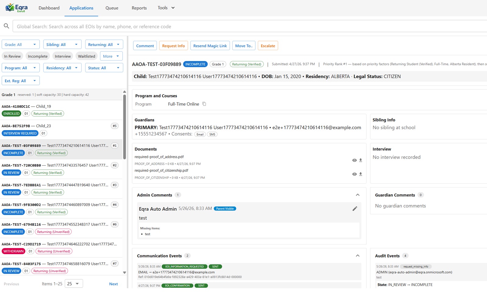 Staff workspace showing application review, guardian details, documents, and communication history