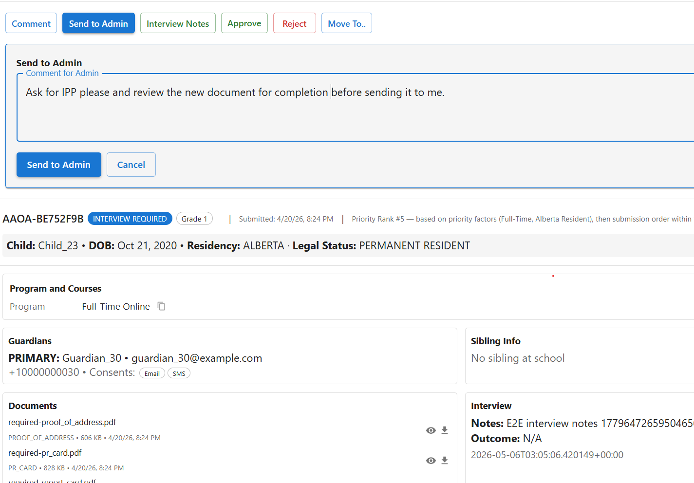 Staff admissions workspace showing application review, approve, reject, and comment actions